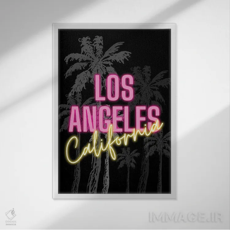 تابلو دکوراتیو طرح نئونی لس آنجلس کالیفرنیا بر روی پس زمینه نخل اثر پیج ترنر - نمای قابدار سفید