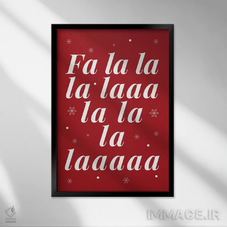 تابلو دکوراتیو کریسمس قرمز، فا لا لا و دانه های برف اثر پیج ترنر - نمای قابدار مشکی