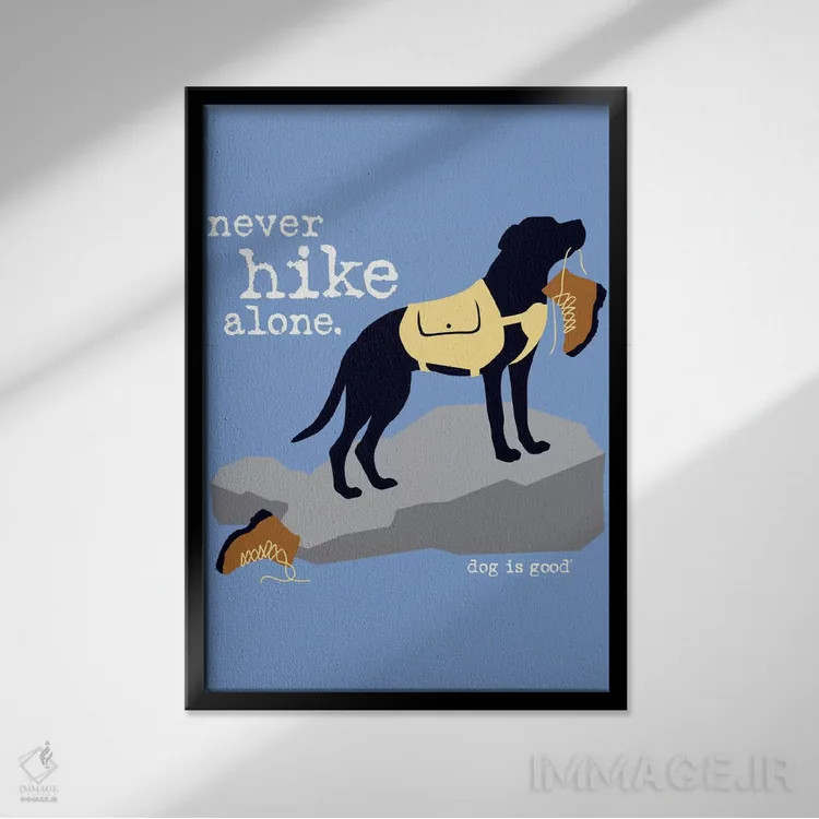 تابلو دکوراتیو هرگز تنها کوه پیمایی نکن اثر داگ ایز گود اند کت ایز گود - نمای قابدار مشکی