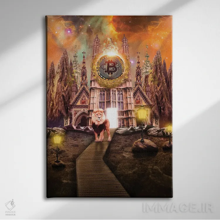 تابلو دکوراتیو رمزارز بیت کوین اثر رن دی - نمای روبهرو روی دیوار