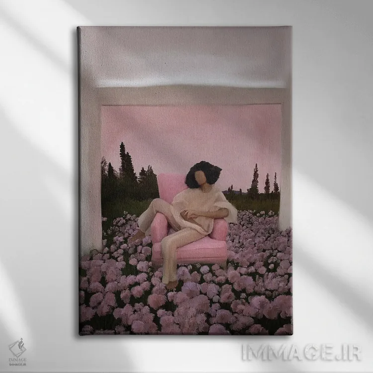 تابلو دکوراتیو شکوفه صورتی اثر اندیله - نمای روبهرو روی دیوار