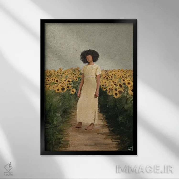 تابلو دکوراتیو دشت آفتابگردان اثر اندیله - نمای قابدار مشکی