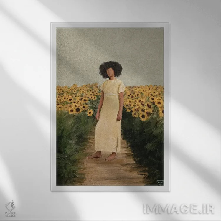 تابلو دکوراتیو دشت آفتابگردان اثر اندیله - نمای قابدار سفید