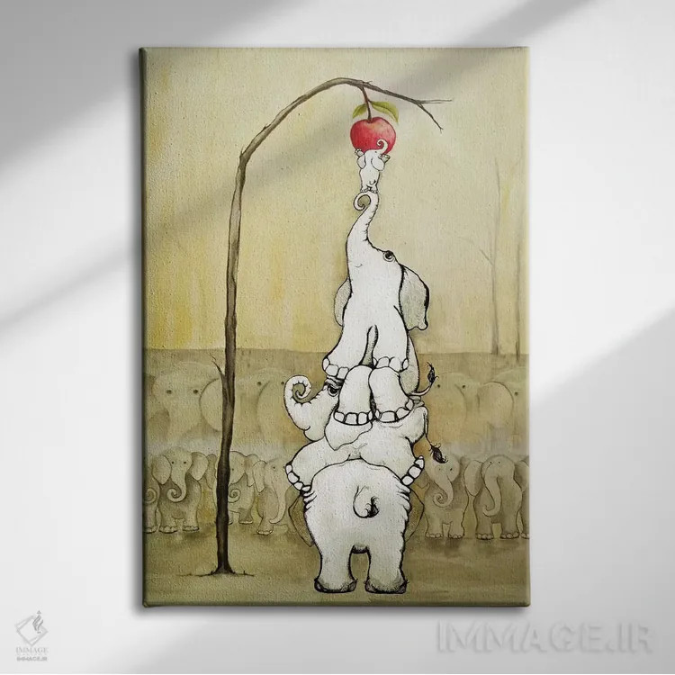 تابلو دکوراتیو فیل های خیال انگیز با سیب قرمز اثر دیان آرت - نمای روبهرو روی دیوار