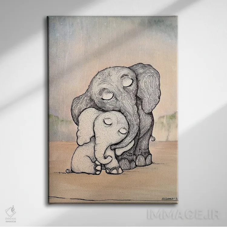 تابلو دکوراتیو مادر و بچه فیل خیال انگیز اثر دیان آرت - نمای روبهرو روی دیوار