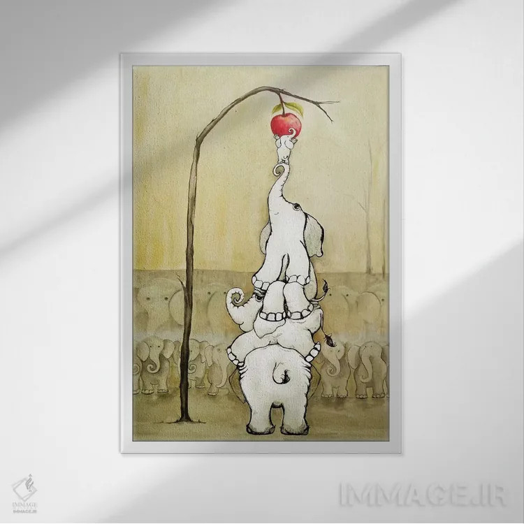 تابلو دکوراتیو فیل های خیال انگیز با سیب قرمز اثر دیان آرت - نمای قابدار سفید