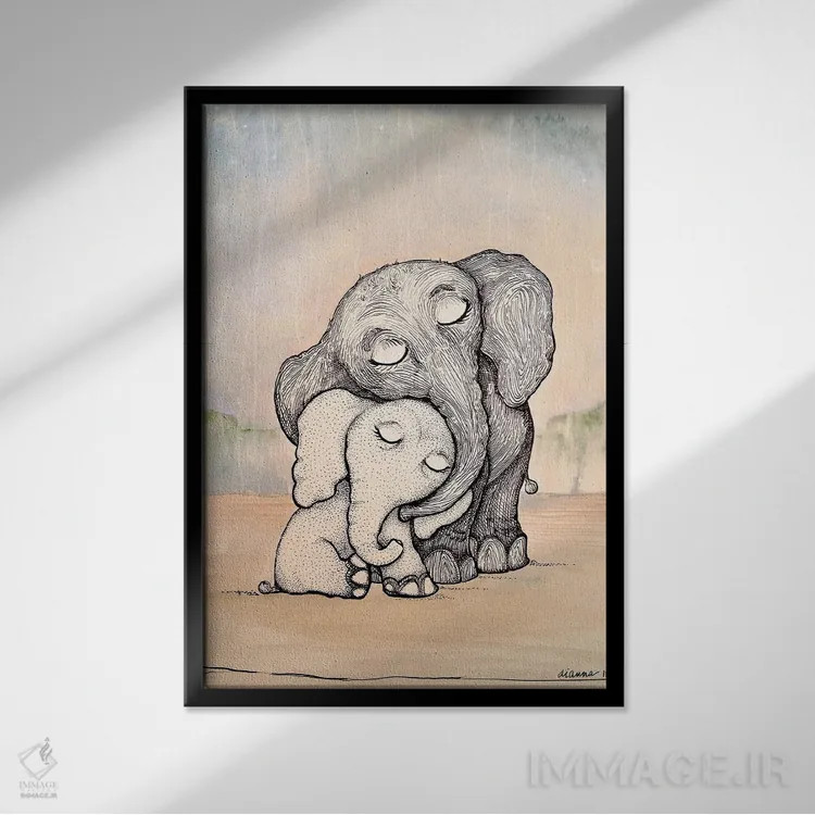 تابلو دکوراتیو مادر و بچه فیل خیال انگیز اثر دیان آرت - نمای قابدار مشکی