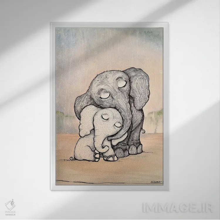 تابلو دکوراتیو مادر و بچه فیل خیال انگیز اثر دیان آرت - نمای قابدار سفید