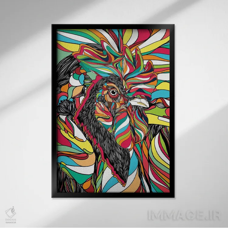 تابلو دکوراتیو خروس گرمسیری اثر دنی ایوان - نمای قابدار مشکی