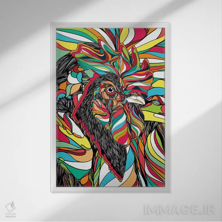 تابلو دکوراتیو خروس گرمسیری اثر دنی ایوان - نمای قابدار سفید