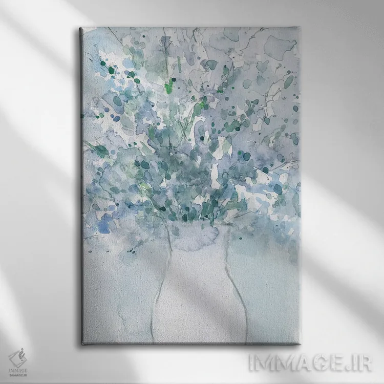 تابلو دکوراتیو آرایش آبی پودری در گلدان I اثر ساموئل دیکسون - نمای روبهرو روی دیوار