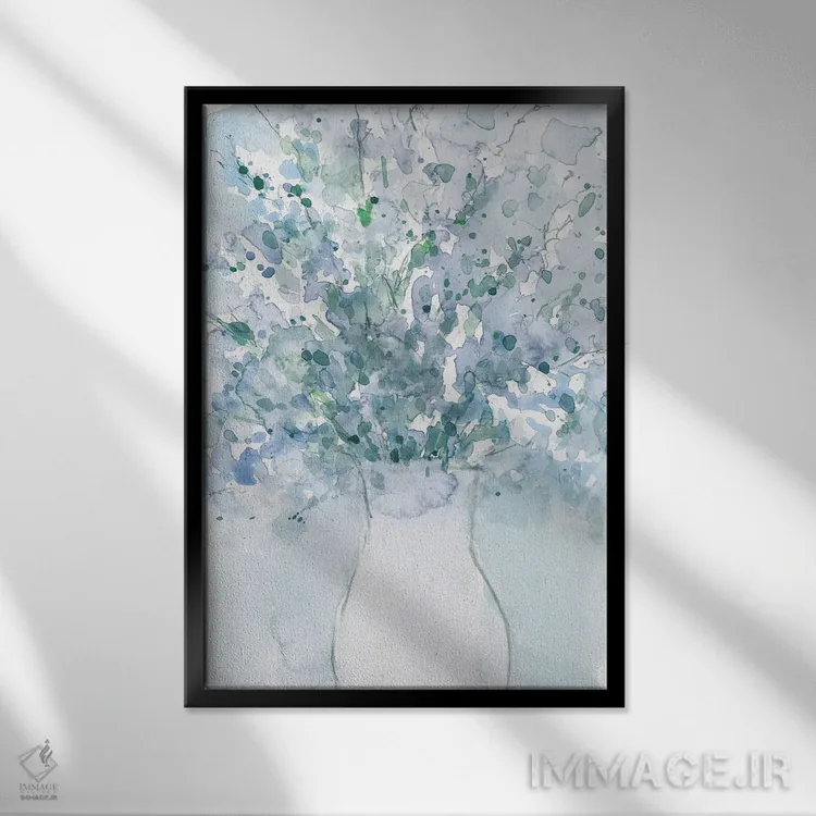 تابلو دکوراتیو آرایش آبی پودری در گلدان I اثر ساموئل دیکسون - نمای قابدار مشکی