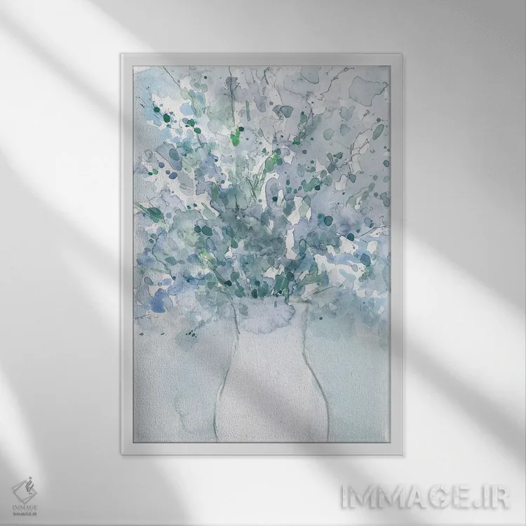 تابلو دکوراتیو آرایش آبی پودری در گلدان I اثر ساموئل دیکسون - نمای قابدار سفید