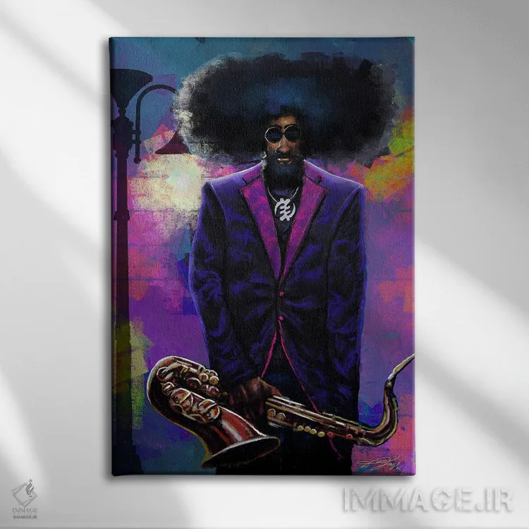 تابلو دکوراتیو پیرمرد نوازنده ساکسفون اثر دیان جی - نمای روبهرو روی دیوار
