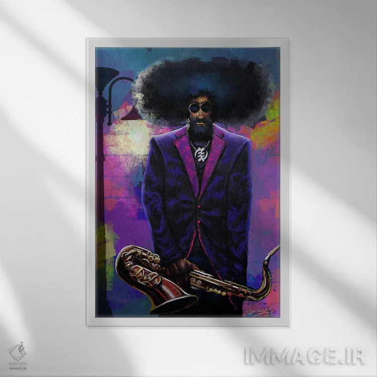 تابلو دکوراتیو پیرمرد نوازنده ساکسفون اثر دیان جی - نمای قابدار سفید