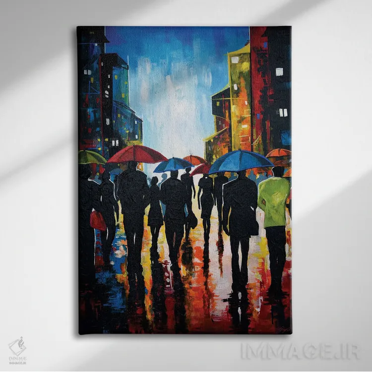 تابلو دکوراتیو شب بارانی در شهر اثر دیان جی - نمای روبهرو روی دیوار