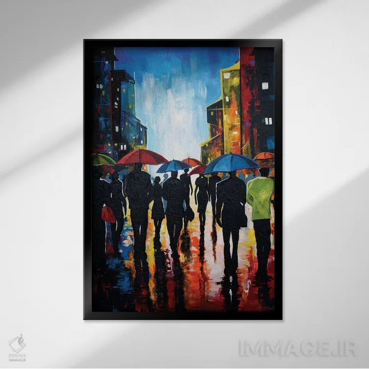 تابلو دکوراتیو شب بارانی در شهر اثر دیان جی - نمای قابدار مشکی