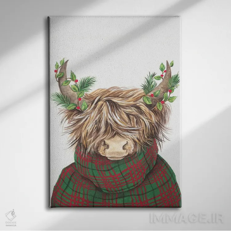 تابلو دکوراتیو گاو کوهستانی کریسمسی اثر دایان کاتر - نمای روبهرو روی دیوار