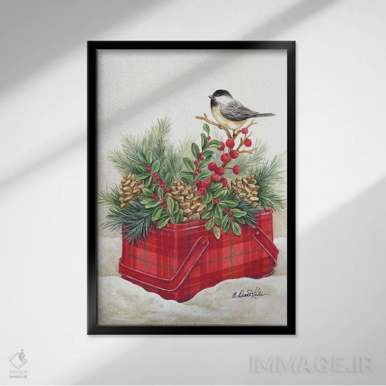 تابلو دکوراتیو قوطی فلزی قدیمی کلبه ی کریسمس اثر دایان کاتر - نمای قابدار مشکی