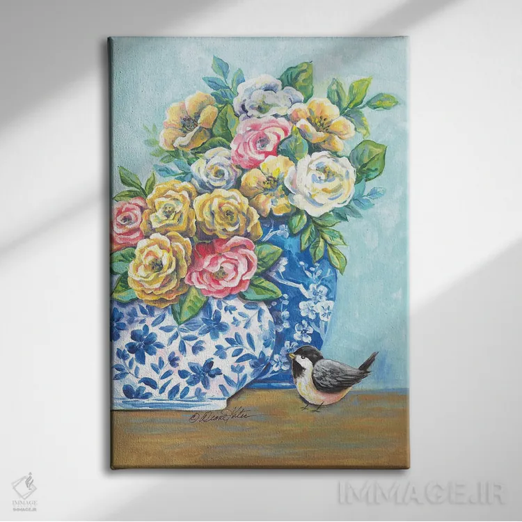 تابلو دکوراتیو گلدان های چینی آبی و سفید اثر دایان کاتر - نمای روبهرو روی دیوار