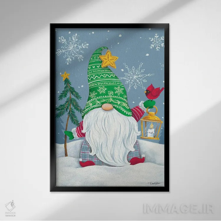 تابلو دکوراتیو کوتوله برفی با فانوس اثر دایان کاتر - نمای قابدار مشکی