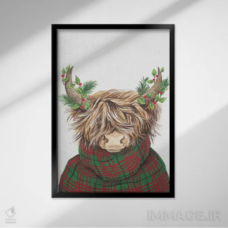 تابلو دکوراتیو گاو کوهستانی کریسمسی اثر دایان کاتر - نمای قابدار مشکی