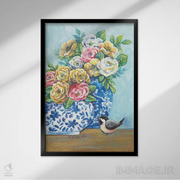 تابلو دکوراتیو گلدان های چینی آبی و سفید اثر دایان کاتر - نمای قابدار مشکی