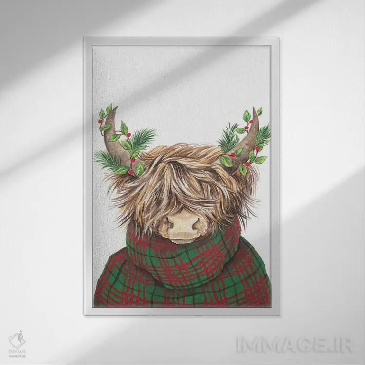 تابلو دکوراتیو گاو کوهستانی کریسمسی اثر دایان کاتر - نمای قابدار سفید
