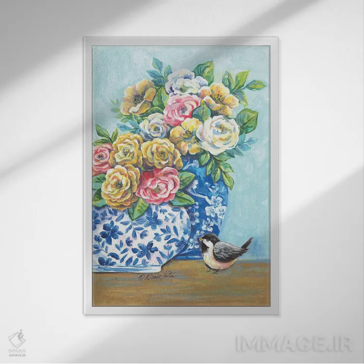 تابلو دکوراتیو گلدان های چینی آبی و سفید اثر دایان کاتر - نمای قابدار سفید