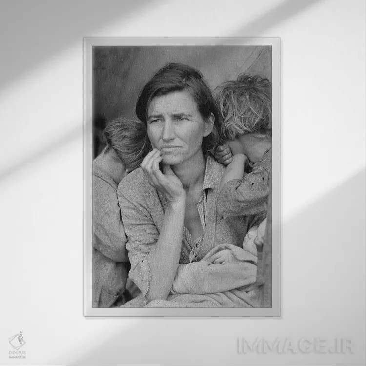تابلو دکوراتیو چینندگان نخود بی بضاعت در نیپومو، کالیفرنیا، سال ۱۹۳۶ اثر دوروتیا لنگ - نمای قابدار سفید