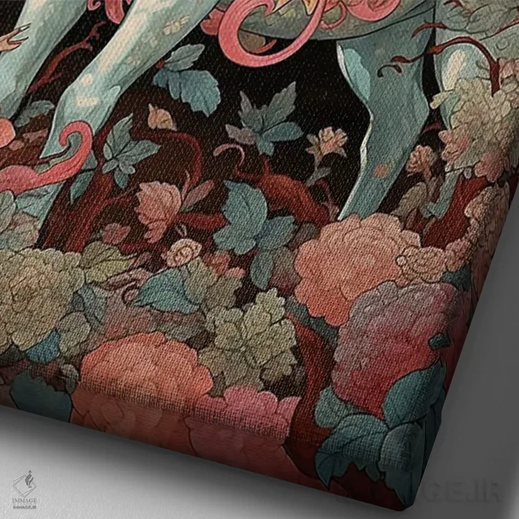 تابلو دکوراتیو تک شاخ صورتی با گل ها اثر دیوید لوبلاو - نمای نزدیک بافت بوم