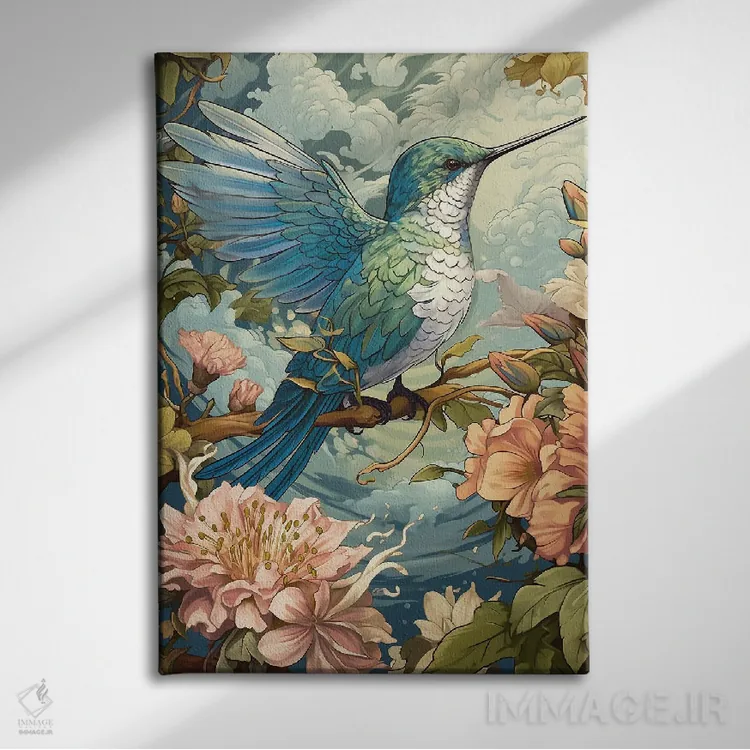 تابلو دکوراتیو مرغ مگس خوار با گل ها اثر دیوید لوبلاو - نمای روبهرو روی دیوار