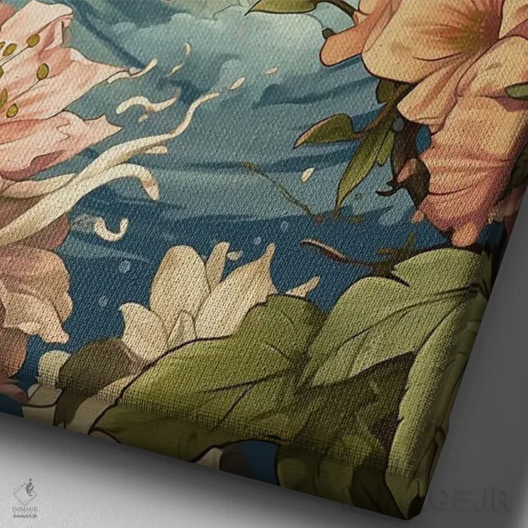 تابلو دکوراتیو مرغ مگس خوار با گل ها اثر دیوید لوبلاو - نمای نزدیک بافت بوم