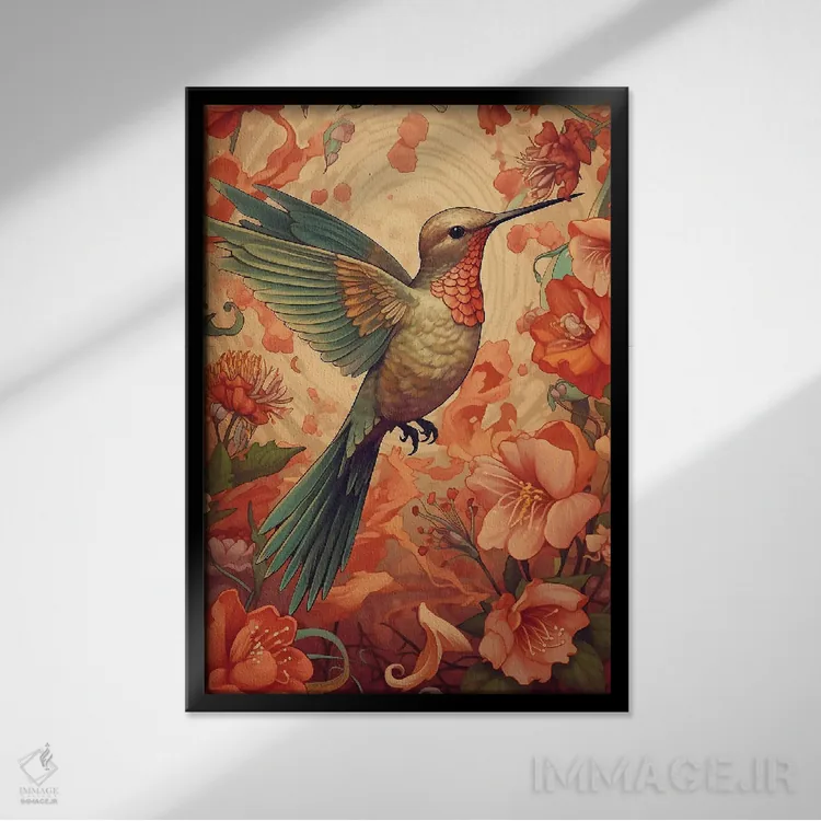 تابلو دکوراتیو مرغ مگس خوار با گل های قرمز اثر دیوید لوبلاو - نمای قابدار مشکی