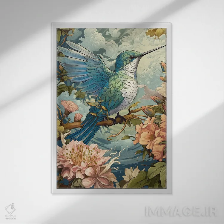 تابلو دکوراتیو مرغ مگس خوار با گل ها اثر دیوید لوبلاو - نمای قابدار سفید