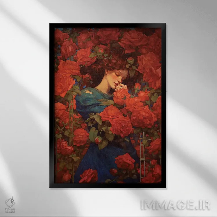 تابلو دکوراتیو زیبایی در بستری از گل رز اثر دیوید لوبلاو - نمای قابدار مشکی