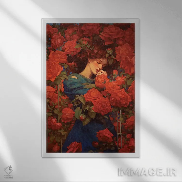 تابلو دکوراتیو زیبایی در بستری از گل رز اثر دیوید لوبلاو - نمای قابدار سفید