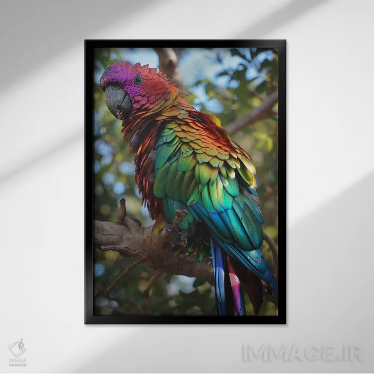 تابلو دکوراتیو طوطی کروم اثر دیوید لوبلاو - نمای قابدار مشکی