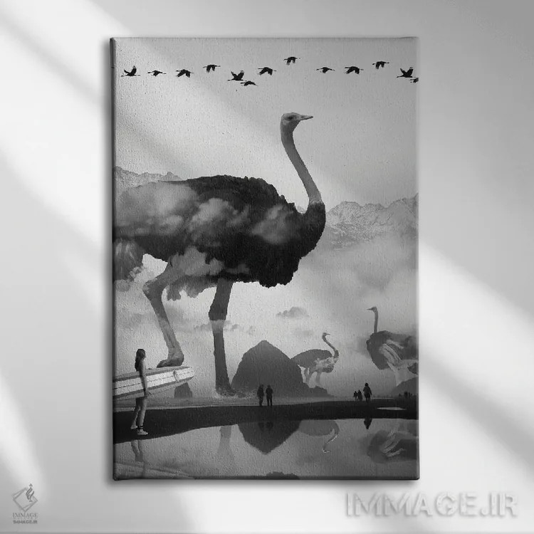 تابلو دکوراتیو شترمرغ در ساحل اثر دیوید لوبلاو - نمای روبهرو روی دیوار