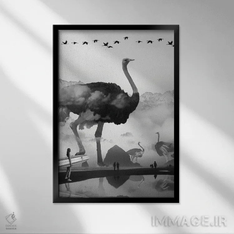 تابلو دکوراتیو شترمرغ در ساحل اثر دیوید لوبلاو - نمای قابدار مشکی