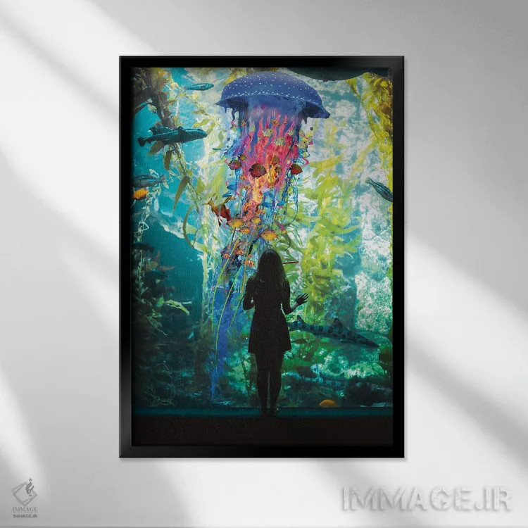 تابلو دکوراتیو جهان عروس دریایی برقی یک آکواریوم است اثر دیوید لوبلاو - نمای قابدار مشکی