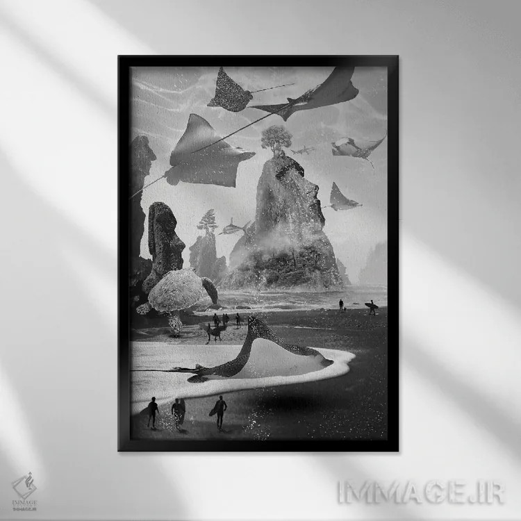 تابلو دکوراتیو گم شده در جزیره موج سواری اثر دیوید لوبلاو - نمای قابدار مشکی