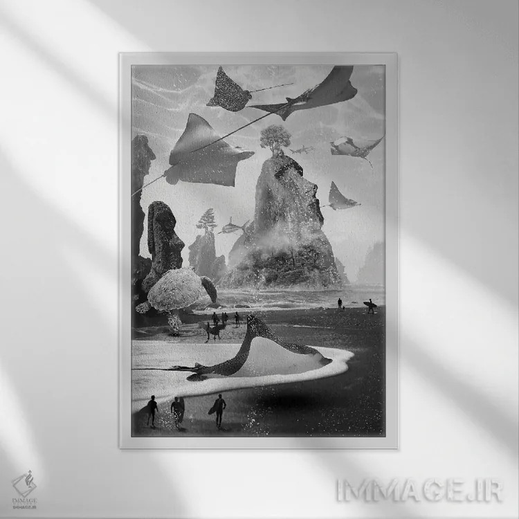 تابلو دکوراتیو گم شده در جزیره موج سواری اثر دیوید لوبلاو - نمای قابدار سفید