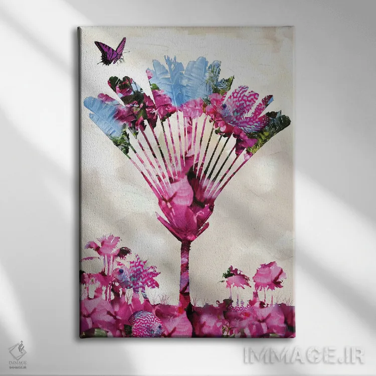 تابلو دکوراتیو صورتی در میان نخل اثر دیوید لوبلاو - نمای روبهرو روی دیوار