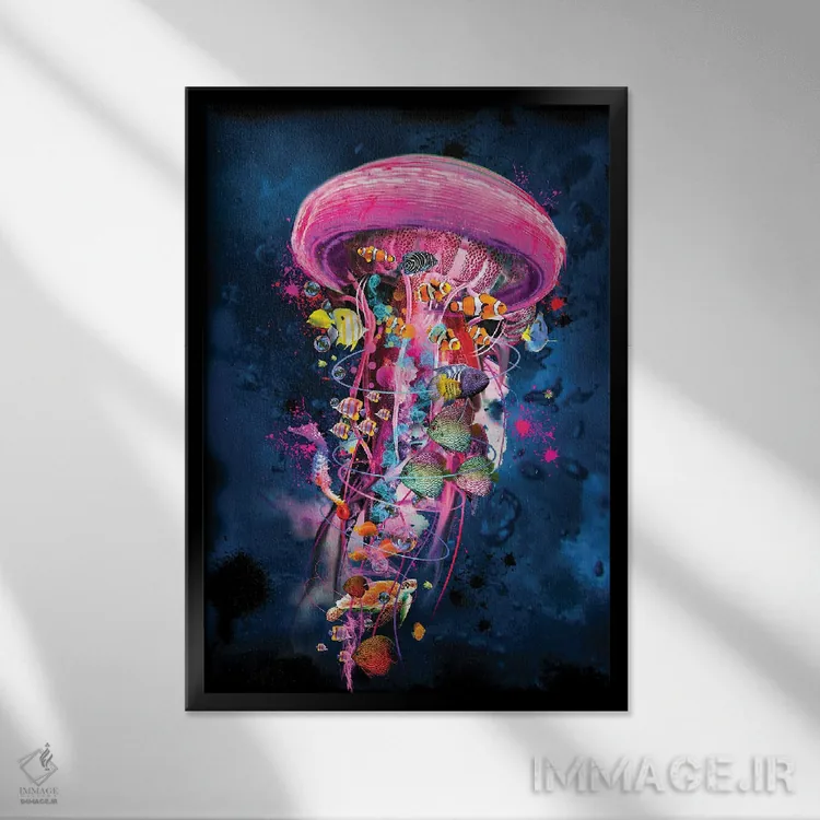 تابلو دکوراتیو جهان عروس دریایی برقی صورتی اثر دیوید لوبلاو - نمای قابدار مشکی
