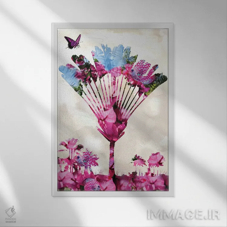 تابلو دکوراتیو صورتی در میان نخل اثر دیوید لوبلاو - نمای قابدار سفید