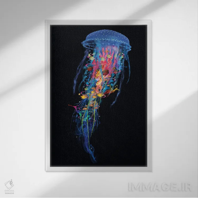 تابلو دکوراتیو عروس دریایی برقی آبی اثر دیوید لوبلاو - نمای قابدار سفید