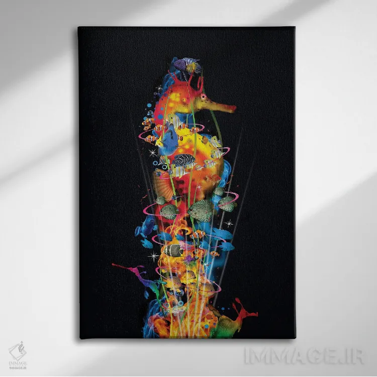 تابلو دکوراتیو اسب دریایی با دوستانش اثر دیوید لوبلاو - نمای روبهرو روی دیوار