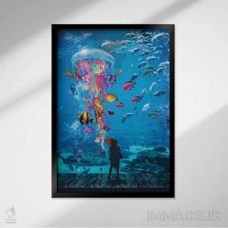 تابلو دکوراتیو عروس دریایی خارق العاده در مخزن آکواریوم اثر دیوید لوبلاو - نمای قابدار مشکی