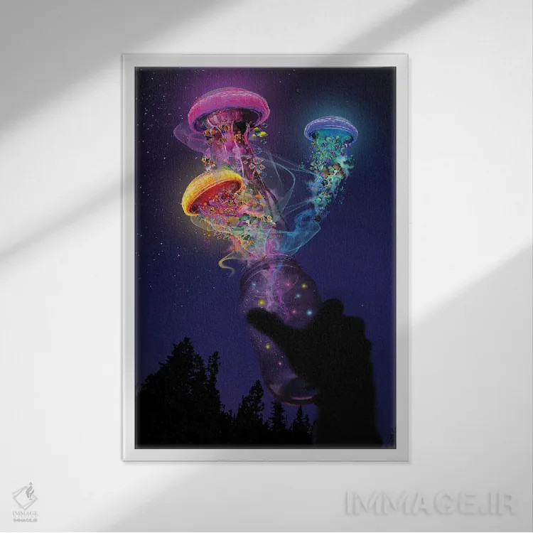 تابلو دکوراتیو عروس دریایی بیرون از شیشه اثر دیوید لوبلاو - نمای قابدار سفید